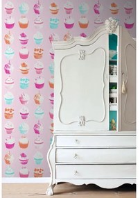 Carta da parati Cupcakes azzurro arancio fondo rosa, 46.5 cm x 8.37 m
