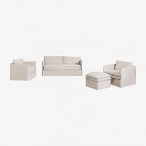 Set Da Soggiorno Grace In Lino E Cotone Con Divano 3 Posti, 2 Poltrone E Pouf Tessuto Beige - Sklum