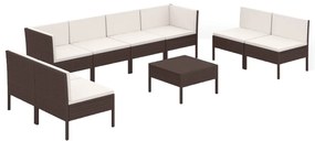 Set divani da giardino 9 pz con cuscini in polyrattan marrone