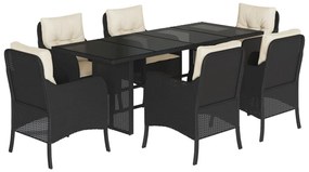 Set da pranzo da giardino 7 pz nero con cuscini in polyrattan