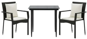 Set da pranzo da giardino 3 pz con cuscini nero in polyrattan