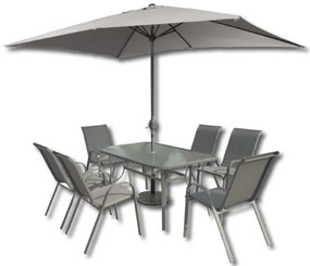Set da giardino in acciaio con tavolo 150x90, 6 poltrone, ombrellone 2x3m e base
