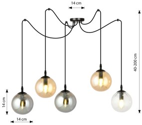 Lampadario 5 Luci Gigi In Acciaio Nero Con Cavo Lungo E Vetri Multicolor