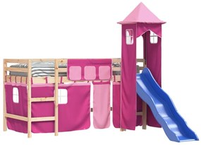Letto a soppalco con torre bambini rosa 80x200cm massello pino