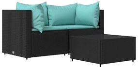 Set divani da giardino 3 pz con cuscini nero in polyrattan