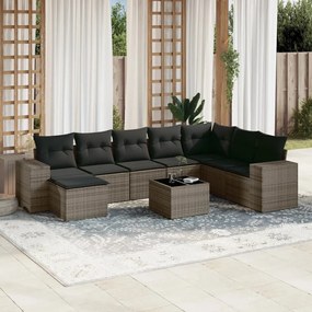 Set divano da giardino 9 pz con cuscini grigio in polyrattan