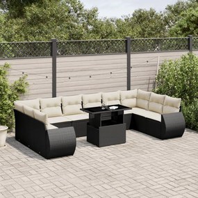 Set divani da giardino 11 pz con cuscini in polyrattan nero