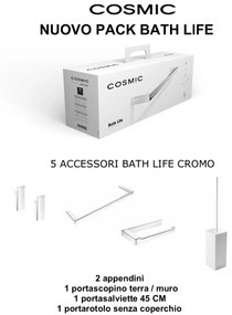 Cosmic Bathlife Set Accessori bagno Portarotolo Portasalviette Portascopino terra o muro 2 appendini cromo lucido