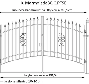Cancello manuale Marmolada in ferro, apertura centrale, L 308.5, H 165-195 cm, di colore ruggine