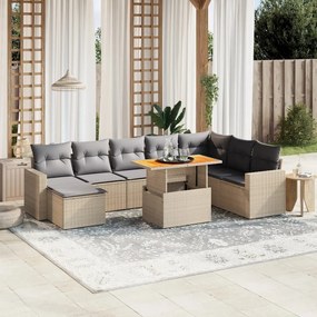 Set divano da giardino 9 pz con cuscini beige in polyrattan