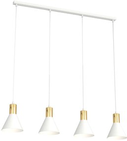 Lampadario 4 Luci Heimdall In Acciaio Bianco E Paralumi Conici Bianco E Oro