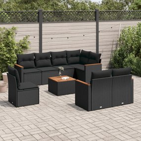 Set divani da giardino 9 pz con cuscini nero in polyrattan