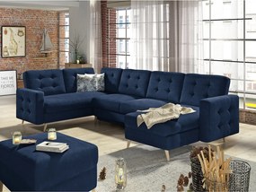 Divano letto matrimoniale angolare Danimarca - Tessuto blu scuro+cuscini Botanical