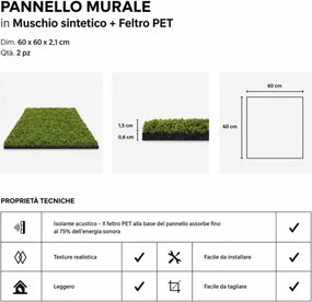Pannello decorativo fonoassorbente acustico Set 2 pz 60x60 cm effetto muschio sintetico erba artificiale