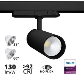 Faro LED 34W per Binario Trifase, 38°+60° Nero, PHILIPS Xitanium CRI92 Colore  Bianco Caldo 2.700K