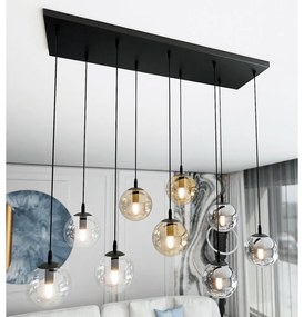 Lampadario a Sospensione in Acciaio e Vetro COSMO 9 Nero 9xE14 Colore delle Sfere Grafite, Trasparente, Ambrata