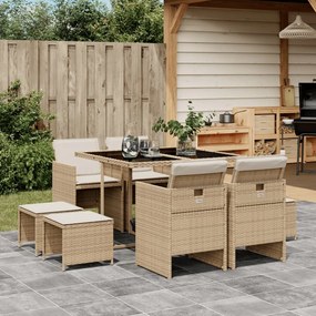 Set da pranzo da giardino 9 pz con cuscini beige in polyrattan