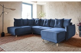 Divano letto angolare in velluto a coste blu scuro (angolo sinistro/"U") Lazy Lukka - Miuform