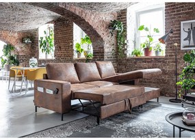 Divano letto vintage in similpelle marrone, angolo destro Lofty Lilly - Miuform