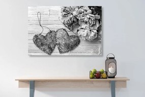 Stampa su tela – Peonie e cuoricini di betulla in bianco e nero