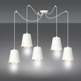 Lampadario 5 Luci Link In Acciaio Cavo Lungo E Paralumi Cono Bianco E Oro