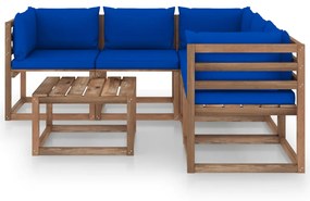 Set salotto giardino con cuscini blu 6pz legno pino impregnato