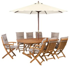 Set da giardino in legno con cuscini grigio/beige con ombrellone MAUI Beliani