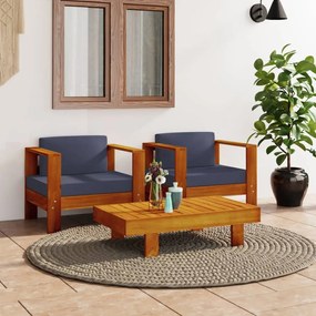 Set divani giardino 3pz con cuscini grigio scuro legno massello