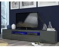 Mobile da soggiorno Porta TV, Made in Italy, Supporto per TV da salotto a 3 ante e ripiani, cm 200x40h37, Antracite lucido, con luce LED blu