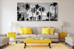 Quadri 5 pezzi – Palme da cocco sulla spiaggia in bianco e nero
