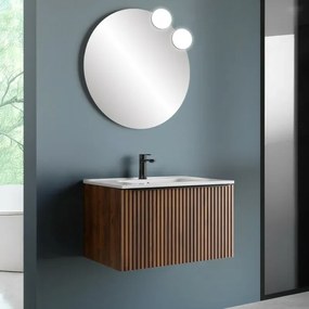 Mobile bagno sospeso 70 cm Noce Maya cannettato con cassetto, specchio e lavabo Nara