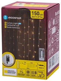 Aigostar - Catena luminosa LED natalizia per esterni 150xLED/6W/230V/8 funzioni 1,5x1m IP44 bianco caldo+telecomando