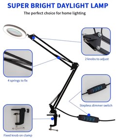 Brilagi - Lampada da tavolo LED dimmerabile con una lente d'ingrandimento LED/12W/5V 3000/4200/6000K nero