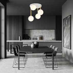 Plafoniera Contemporanea 4 Luci Teseo In Acciaio Bianco Oro E Sfere Vetro Bianco