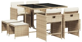 Set da pranzo da giardino 9 pz con cuscini beige in polyrattan