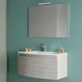 Mobile Bagno Sospeso 80 Cm Due Ante Specchio Con Lampada Led 80x60 Cm Savini Due "Giulia" Bianco Lucido/Legno Nordico