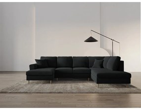 Divano angolare nero allungabile e con contenitore (con penisola a destra/a U) con rivestimento in velluto Kyoto – Cosmopolitan Design