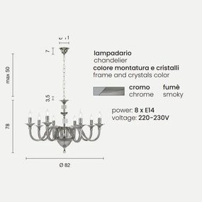 Lampada a sospensione GALA in vetro lavorato a mano con dettagli in metallo 8 LUCI FUMÉ