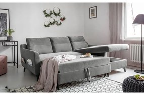 Divano letto angolare in velluto grigio chiaro, angolo destro Stylish Stan - Miuform