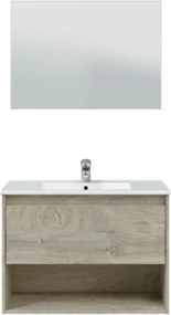 Mobile Bagno Sospeso 80 cm Con Lavabo Specchio Vano Giorno E Cassettone Rovere Alaska VAN