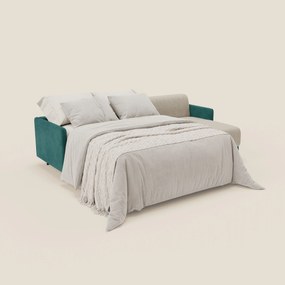 Narciso divano letto angolare con materasso alto 18 cm e penisola contenitore in tessuto bicolore impermeabile T11 e T06 petrolio - panna