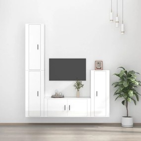 Set Di Mobili Porta Tv 4 Pz Bianco Lucido İn Legno Multistrato /