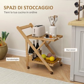 Carrello da Cucina Portavivande Pieghevole 66x40x70 cm a 2 Livelli con Portabottiglie in Legno di Bambù...