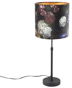 Lampada da tavolo nera con paralume in velluto con fiori e oro 25 cm - Parte