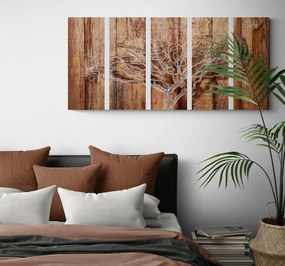 Quadri 5 pezzi – Albero su sfondo di legno