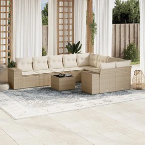 Set Divano da Giardino 10 pz con Cuscini Beige in Polyrattan