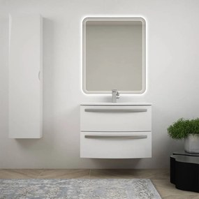 Mobile bagno sospeso curvo 75 cm bianco lucido in lavabo ceramica colonna 140 cm e specchio LED Mod. Berlino