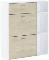 Mobile Portascarpe 90x26x101,5cm con 2 ante basculanti e cassetto colore Bianco e Rovere modello Wind