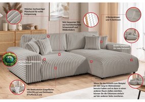 Divano angolare con penisola a destra grigio chiaro e rivestimento in velluto a coste allungabile e con contenitore Sarina – Ropez