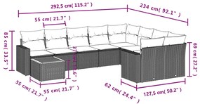 Set divano da giardino 10 pz con cuscini grigio in polyrattan